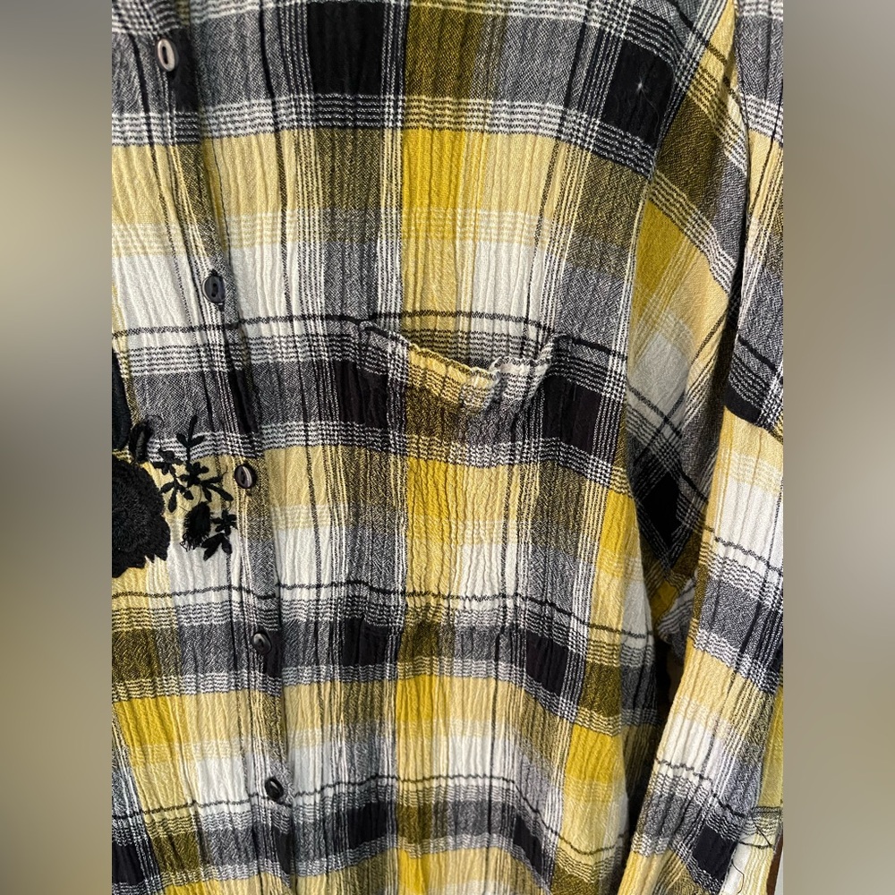 🔥 Maeve Plaid Embroidered Button Down Shirt XS/S – Yellow Black Hi-Low Tunic Top - Picture 8 of 12